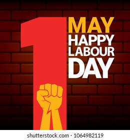 Happy labour day vector label with strong orange fist on red brick wall background. vector happy labor day background or banner with man hand. workers may day poster