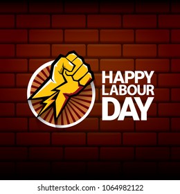 Happy labour day vector label with strong orange fist on red brick wall background. vector happy labor day background or banner with man hand. workers may day poster