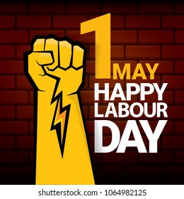 Happy labour day vector label with strong orange fist on red brick wall background. vector happy labor day background or banner with man hand. workers may day poster
