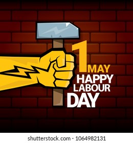 Happy labour day vector label with strong orange fist on red brick wall background. vector happy labor day background or banner with man hand. workers may day poster