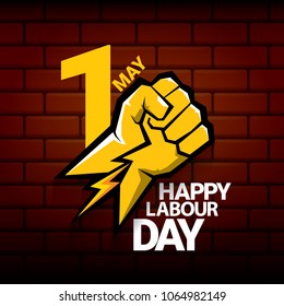 Happy labour day vector label with strong orange fist on red brick wall background. vector happy labor day background or banner with man hand. workers may day poster