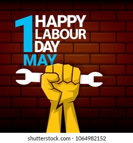 Happy labour day vector label with strong orange fist on red brick wall background. vector happy labor day background or banner with man hand. workers may day poster