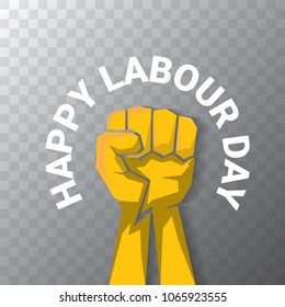 Happy labour day vector label or badge with strong orange fist isolated on transparent background. vector happy labor day background or banner with man hand. workers may day poster