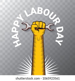Happy labour day vector label or badge with strong orange fist isolated on transparent background. vector happy labor day background or banner with man hand. workers may day poster