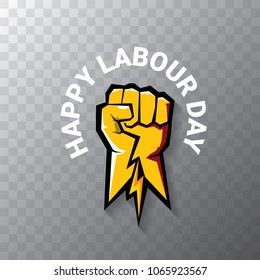 Happy labour day vector label or badge with strong orange fist isolated on transparent background. vector happy labor day background or banner with man hand. workers may day poster