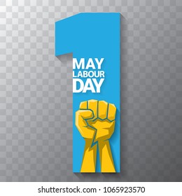 Happy labour day vector label or badge with strong orange fist isolated on transparent background. vector happy labor day background or banner with man hand. workers may day poster