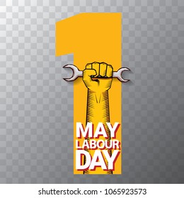 Happy labour day vector label or badge with strong orange fist isolated on transparent background. vector happy labor day background or banner with man hand. workers may day poster