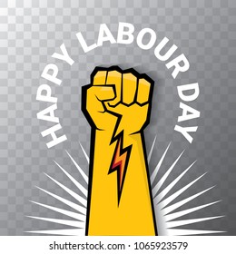 Happy labour day vector label or badge with strong orange fist isolated on transparent background. vector happy labor day background or banner with man hand. workers may day poster