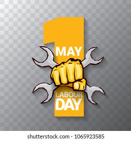 Happy labour day vector label or badge with strong orange fist isolated on transparent background. vector happy labor day background or banner with man hand. workers may day poster