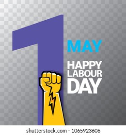 Happy labour day vector label or badge with strong orange fist isolated on transparent background. vector happy labor day background or banner with man hand. workers may day poster