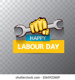 Happy labour day vector label or badge with strong orange fist isolated on transparent background. vector happy labor day background or banner with man hand. workers may day poster