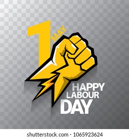 Happy labour day vector label or badge with strong orange fist isolated on transparent background. vector happy labor day background or banner with man hand. workers may day poster