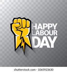 Happy labour day vector label or badge with strong orange fist isolated on transparent background. vector happy labor day background or banner with man hand. workers may day poster