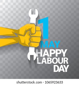 Happy labour day vector label or badge with strong orange fist isolated on transparent background. vector happy labor day background or banner with man hand. workers may day poster