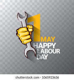 Happy labour day vector label or badge with strong orange fist isolated on transparent background. vector happy labor day background or banner with man hand. workers may day poster