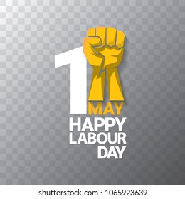 Happy labour day vector label or badge with strong orange fist isolated on transparent background. vector happy labor day background or banner with man hand. workers may day poster
