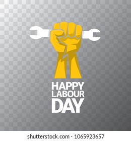 Happy labour day vector label or badge with strong orange fist isolated on transparent background. vector happy labor day background or banner with man hand. workers may day poster