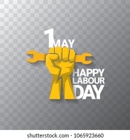 Happy labour day vector label or badge with strong orange fist isolated on transparent background. vector happy labor day background or banner with man hand. workers may day poster