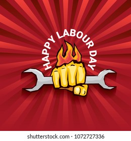 Happy labour day vector label with strong orange fist on red background with rays. labor day background or banner with man hand. workers may day poster
