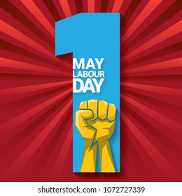 Happy labour day vector label with strong orange fist on red background with rays. labor day background or banner with man hand. workers may day poster