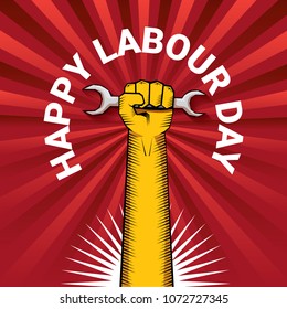 Happy labour day vector label with strong orange fist on red background with rays. labor day background or banner with man hand. workers may day poster