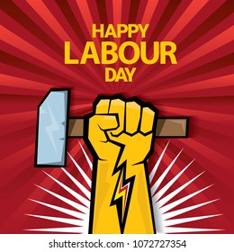 Happy labour day vector label with strong orange fist on red background with rays. labor day background or banner with man hand. workers may day poster