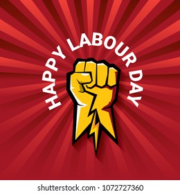 Happy labour day vector label with strong orange fist on red background with rays. labor day background or banner with man hand. workers may day poster