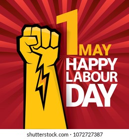Happy labour day vector label with strong orange fist on red background with rays. labor day background or banner with man hand. workers may day poster