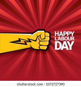 Happy labour day vector label with strong orange fist on red background with rays. labor day background or banner with man hand. workers may day poster