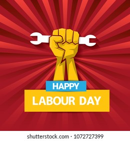 Happy labour day vector label with strong orange fist on red background with rays. labor day background or banner with man hand. workers may day poster