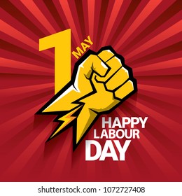 Happy labour day vector label with strong orange fist on red background with rays. labor day background or banner with man hand. workers may day poster
