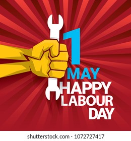Happy labour day vector label with strong orange fist on red background with rays. labor day background or banner with man hand. workers may day poster