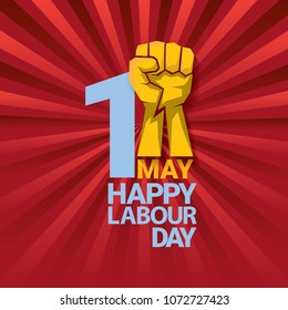 Happy labour day vector label with strong orange fist on red background with rays. labor day background or banner with man hand. workers may day poster