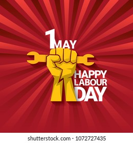 Happy labour day vector label with strong orange fist on red background with rays. labor day background or banner with man hand. workers may day poster