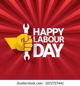 Happy labour day vector label with strong orange fist on red background with rays. labor day background or banner with man hand. workers may day poster