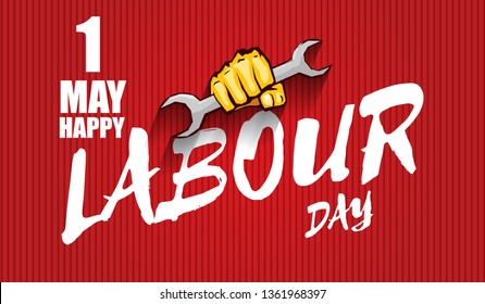 Happy labour day vector label with strong orange fist isolated on red horizontal background. vector happy labor day background or horizontal 
 banner with man hand. red workers may day poster 