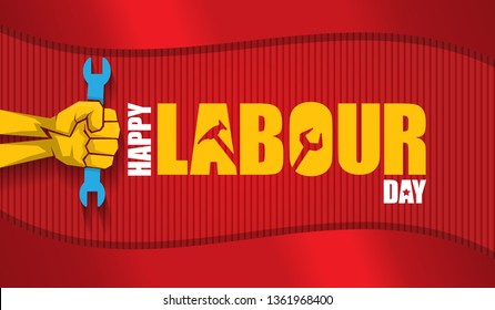 Happy labour day vector label with strong orange fist isolated on red horizontal background. vector happy labor day background or horizontal 
 banner with man hand. red workers may day poster 