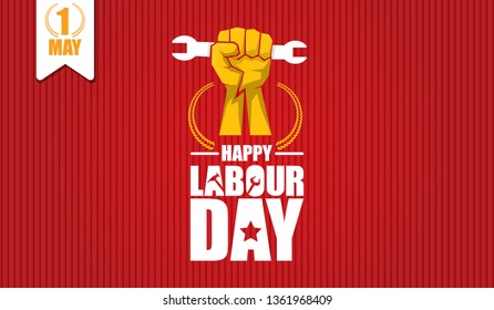 Happy labour day vector label with strong orange fist isolated on red horizontal background. vector happy labor day background or horizontal 
 banner with man hand. red workers may day poster 