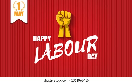 Happy labour day vector label with strong orange fist isolated on red horizontal background. vector happy labor day background or horizontal 
 banner with man hand. red workers may day poster 