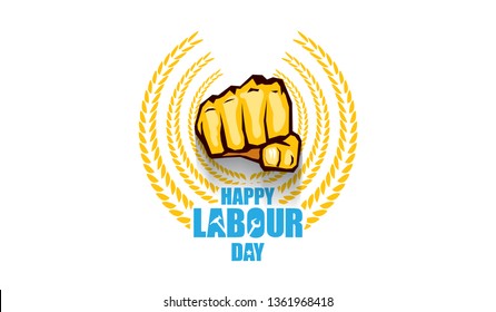Happy labour day vector label with strong orange fist isolated on white horizontal background. vector happy labor day horizontal background or banner with man hand. red workers may day poster 