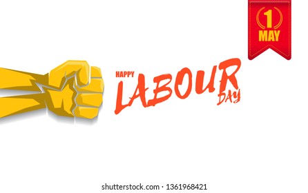 Happy labour day vector label with strong orange fist isolated on white horizontal background. vector happy labor day horizontal background or banner with man hand. red workers may day poster 