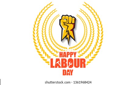 Happy labour day vector label with strong orange fist isolated on white horizontal background. vector happy labor day horizontal background or banner with man hand. red workers may day poster 