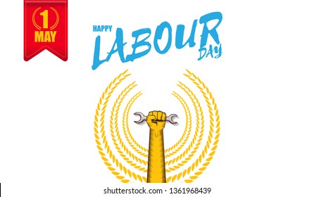Happy labour day vector label with strong orange fist isolated on white horizontal background. vector happy labor day horizontal background or banner with man hand. red workers may day poster 