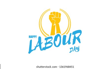 Happy labour day vector label with strong orange fist isolated on white horizontal background. vector happy labor day horizontal background or banner with man hand. red workers may day poster 