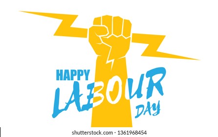 Happy labour day vector label with strong orange fist isolated on white horizontal background. vector happy labor day horizontal background or banner with man hand. red workers may day poster 