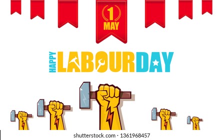 Happy labour day vector label with strong orange fist isolated on white horizontal background. vector happy labor day horizontal background or banner with man hand. red workers may day poster 