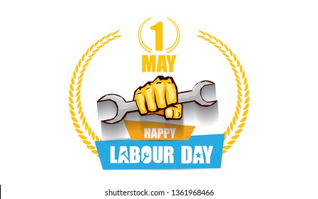 Happy labour day vector label with strong orange fist isolated on white horizontal background. vector happy labor day horizontal background or banner with man hand. red workers may day poster 