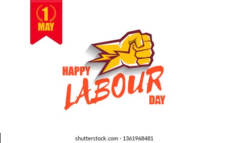 Happy labour day vector label with strong orange fist isolated on white horizontal background. vector happy labor day horizontal background or banner with man hand. red workers may day poster 