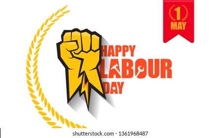 Happy labour day vector label with strong orange fist isolated on white horizontal background. vector happy labor day horizontal background or banner with man hand. red workers may day poster 