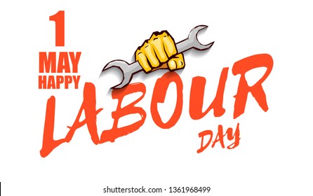 Happy labour day vector label with strong orange fist isolated on white horizontal background. vector happy labor day horizontal background or banner with man hand. red workers may day poster 